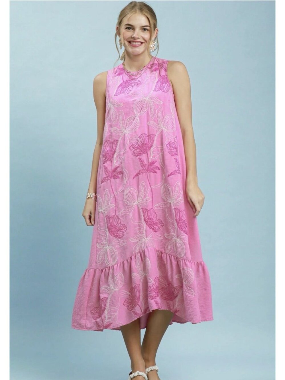 Umgee Percy Peony Midi Dress Mumu Boho Comfy Flowy Small New Pink Embroidery